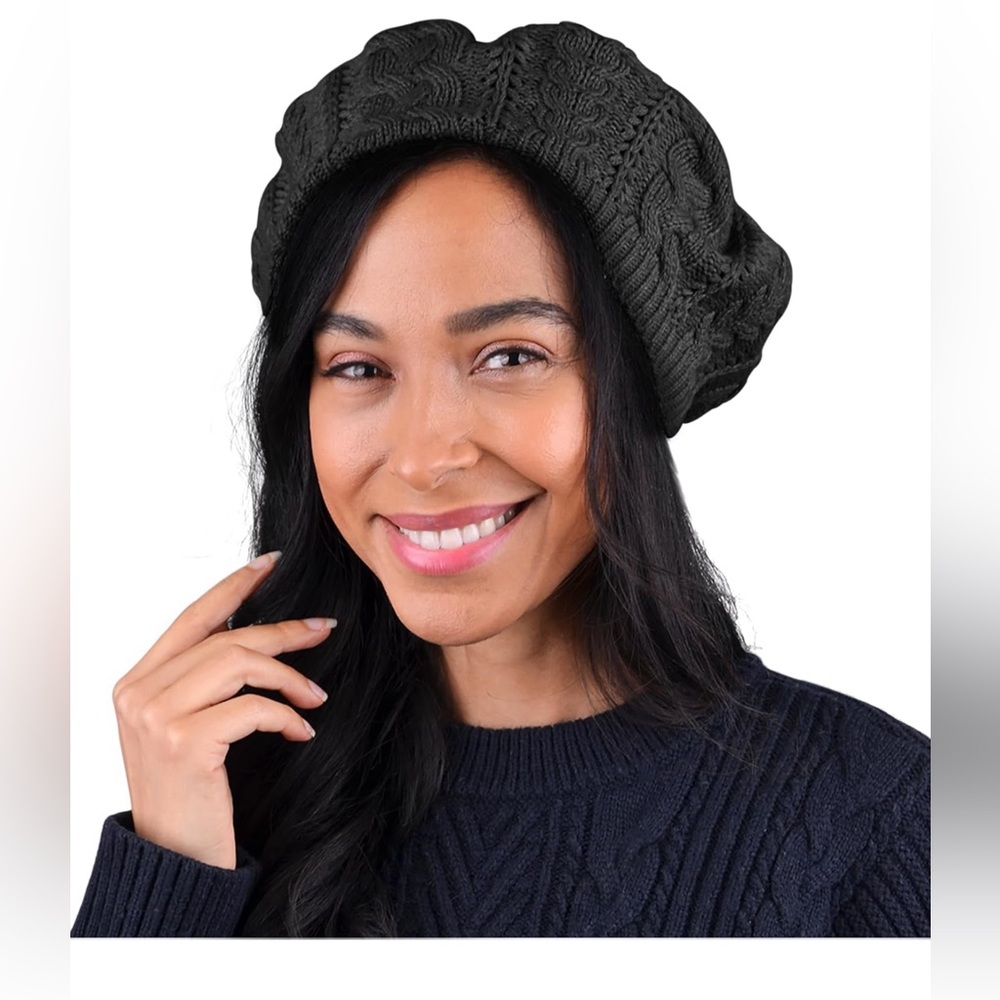 Lightweight Crochet Knitted Style Beanie Hat for Women, Slouchy Hat Black - Picture 3 of 5
